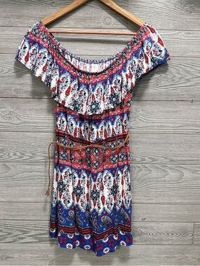 Boho Festival Peasant Mini Dress M Paisley USA Red White & Blue Western Coquette